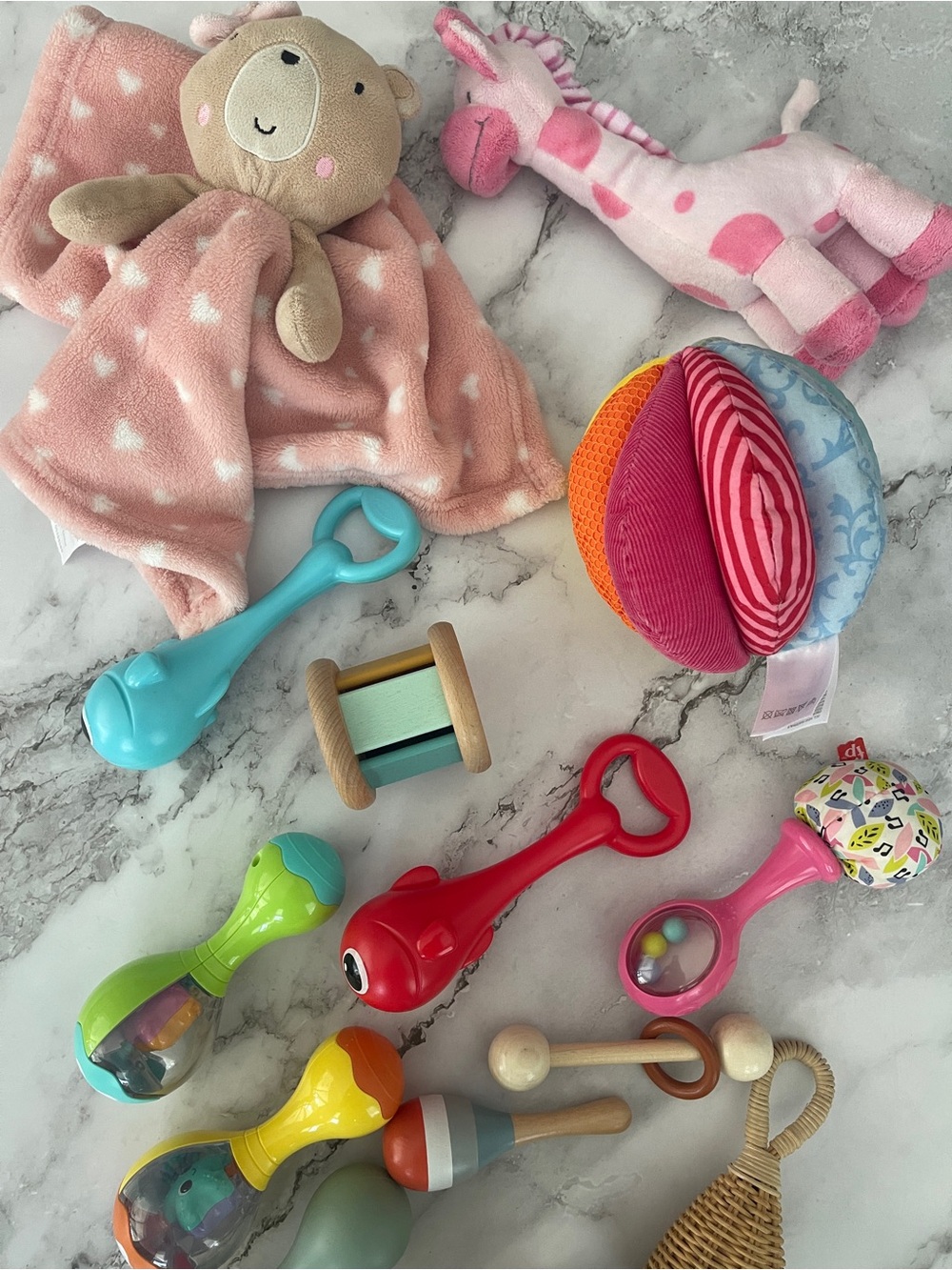 Set of 15 pcs First Baby Toys Set - Pink Baby Girl Lovey and Sensory Rattles